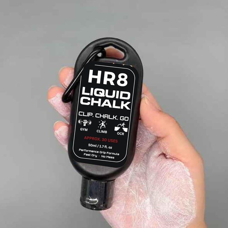 HR8 Liquid Chalk 50ml with Carabiner, Chalkless Mess-Free Grip for Gym, Weightlifting & Rock Climbing Chalk, Liquid Chalk Gym (Up to 30 Uses) - Image 2